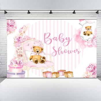 Brązowy Miś Baby Shower Fotografia Tło Różowy Córeczka Kwiatowy Tort Urodzinowy Stół Tło Paski Sesja Zdjęciowa