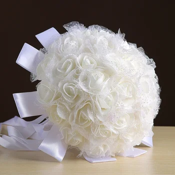 Bukiet ślubny, kwiaty ręcznie robione, dekoracyjne, sztuczne kwiaty róż perła koronkowe akcenty z taśmą dla nowożeńców