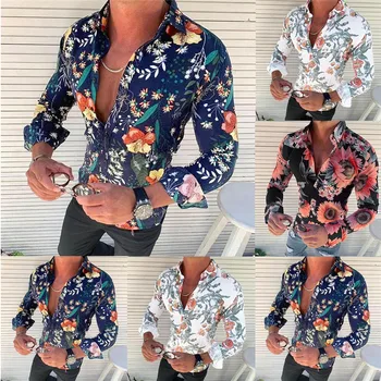 Camisa Masculina Hawajska Koszula Męska Przyczynowego Kwiatowy Drukowane Koszula Z Długim Rękawem Slim Fit Flower Meble Bluzka Top