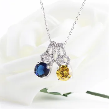 CC moda biżuteria naszyjniki wisiorki dla kobiet srebro próby 925 cyrkonia okrągła niebieski/żółty kamień Bijoux Femme No Chain CCN259