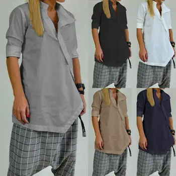 Celmia 2021 jesień asymetryczne lniane bluzki damskie długie koszule temat tunika guziki bluzki Blusas koszulka Femininas S-5XL