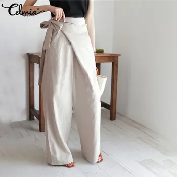 Celmia plus rozmiar Vintage lniane damskie długie spodnie modne dorywczo spodnie z wysokim stanem damskie biurowe stałe szerokie nogi proste figi