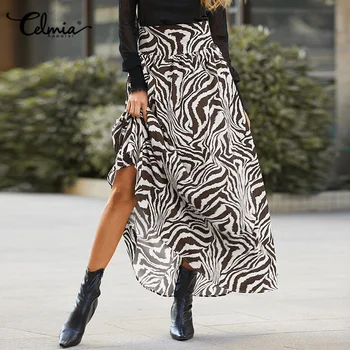 Celmia Zebra Printed High Waist Spódnice Kobiety 2021 Vintage A-Line Maxi Spódnica Na Co Dzień Wolny Przycisk Moda Wieczorowe Spódnice Plus Rozmiar 7