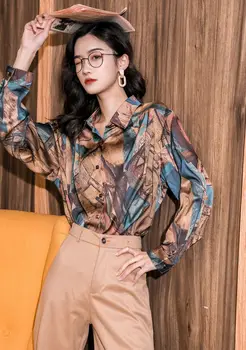 CHEERART barokowy wzór bluzka z długim rękawem koszula damska topy i bluzki Colorblock Print Fashion 2020