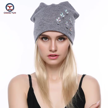 CHING YUN Women Cashmere knit hat new soft Winter Warm Rhinestone haft wysokiej jakości damska koszulka w jednolitym kolorze dzianiny kapelusz B19-17