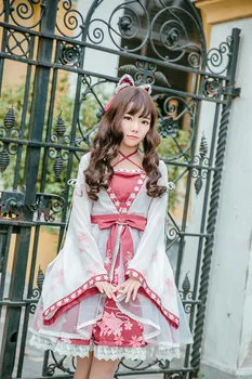 Chiński styl vintage sweet lolita dress bandaż haft ładna drukowanie fałszywych dwie części wiktoriański strój kawaii girl op cosplay