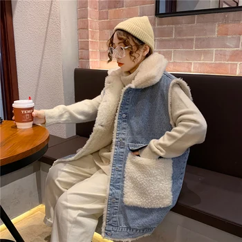 Ciepła kamizelka kurtka Oversize temat zagęszczony jeans płaszcz bez rękawów kobiety koreański koreański styl moda duża kieszeń zimowa odzież 2020