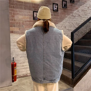 Ciepła kamizelka kurtka Oversize temat zagęszczony jeans płaszcz bez rękawów kobiety koreański koreański styl moda duża kieszeń zimowa odzież 2020
