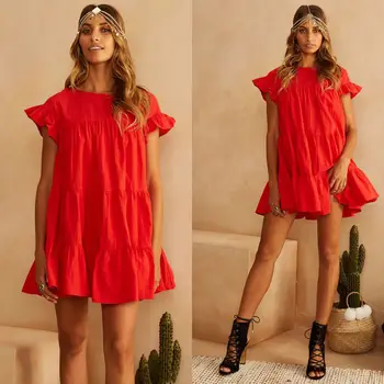 Codzienne Mini Sukienka Damska Bawełnianej Sukni Z Długim I Krótkim Rękawem Stałe Czerwone Wolnego Sukienka Letnia Odzież 2019