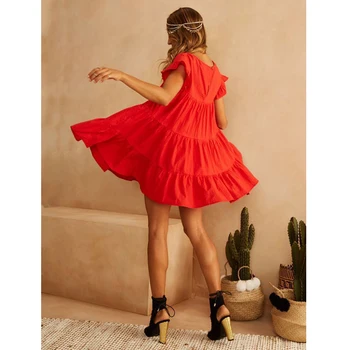 Codzienne Mini Sukienka Damska Bawełnianej Sukni Z Długim I Krótkim Rękawem Stałe Czerwone Wolnego Sukienka Letnia Odzież 2019