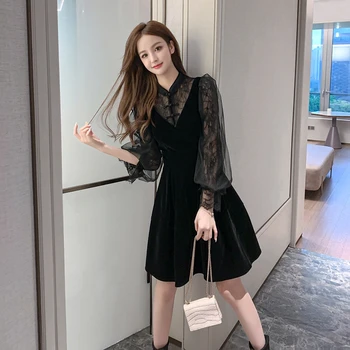 COIGARSAM francuski styl koronki kobiety całe sukienka koreańska Nowa wiosna Wysoka Talia sukienki czarny 6308