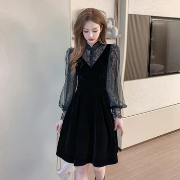 COIGARSAM francuski styl koronki kobiety całe sukienka koreańska Nowa wiosna Wysoka Talia sukienki czarny 6308