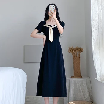 COIGARSAM francuski styl z krótkim rękawem bielizna sukienka pas sukienki ciemny niebieski 6856