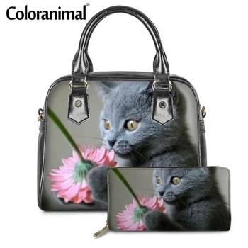 Coloranimal Fashion Women 2 szt./kpl. PU Leath ramię Torba torebka i portfel ładny kot wydruku panie torba do przechowywania dla nastolatków