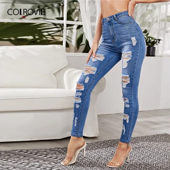 COLROVIE Destroyed Ripped Detail Light Wash Skinny Jeans kobiety jesień Wysoka Talia krótkie jeansowe spodnie casual dżinsy ołówek