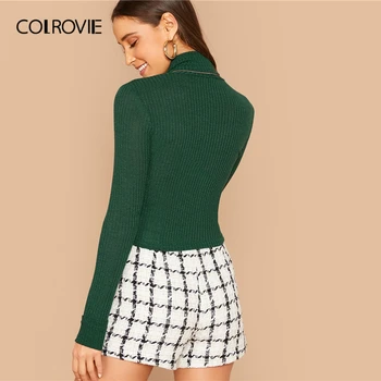 COLROVIE zielony wysoka szyja żebra dzianiny stałe top kobiet dorywczo elastyczne stałe trójniki 2019 jesień elegancki Slim Fit sweter topy
