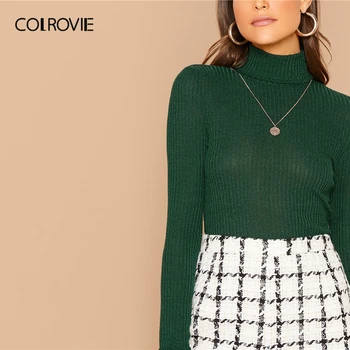 COLROVIE zielony wysoka szyja żebra dzianiny stałe top kobiet dorywczo elastyczne stałe trójniki 2019 jesień elegancki Slim Fit sweter topy