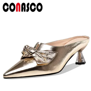 CONASCO elegancka moda muły Damskie sandały dziwne wysokie obcasy lato motyl-węzeł Casual buty kobieta naturalna skóra kapcie