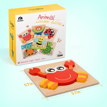 Coogam 3D drewniany zestaw zagadek, 6 opakowań zwierząt forma kolor Montessori zabawki, early learning gra prezent dla 3 4 5 lat dzieci