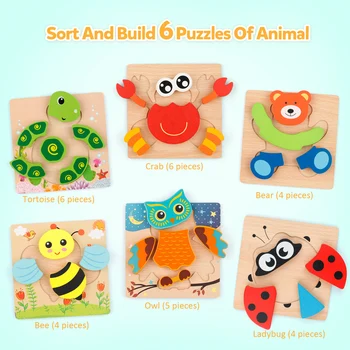 Coogam 3D drewniany zestaw zagadek, 6 opakowań zwierząt forma kolor Montessori zabawki, early learning gra prezent dla 3 4 5 lat dzieci