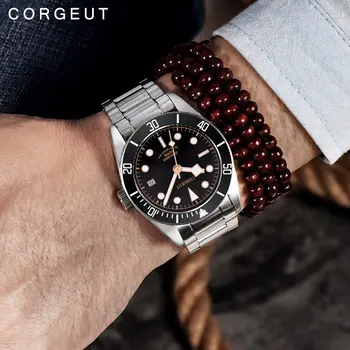 Corgeut luksusowej marki Schwarz Bay męskie automatyczne zegarki mechaniczne wojskowo-sportowy zegarek do pływania skórzane zegarek Mechaniczny 2010C