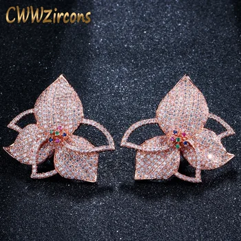 CWWZircons Exclusive Leaf Flower Multicolor Cubic Zirconia Pave Rose Gold Women Big Engagement Night Out Party kolczyki CZ418