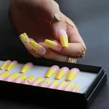 Cytrynowo żółty francuski ombre trumny błyszczący żel fałszywych paznokcie rhinestone błyszczące baletowe paznokcie sztuczne paznokcie Kryształ projekt kawior mecz