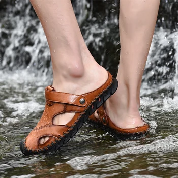CYYTL 2020 letnie nowe sandały mężczyźni skóra naturalna buty do szycia basen plaża wysokiej jakości buty do biegania chronić palce sandały Homme