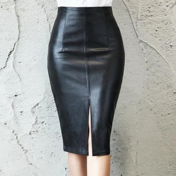 Czarna sztuczna skóra spódnica dla kobiet 2021 nowe Midi Sexy Wysoka Talia Bodycon Split spódnica biuro spódnica-ołówek długość do kolan plus size