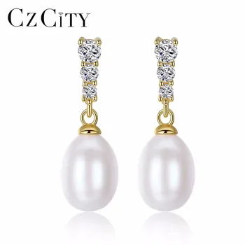 CZCITY marka naturalne słodkowodne perły kolczyki pręta prawdziwe srebro próby 925 perły z Цирконом biżuteria dla kobiet hurtowych prezent