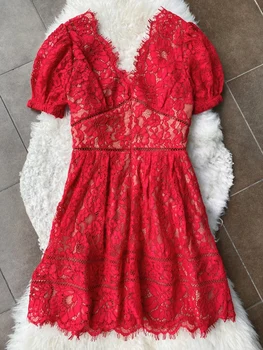 Czerwone Świąteczny strój dla kobiet 2020 Sexy See Through Women ' s Double V neck Short Sleeve Tunic Flare Lace party Dress