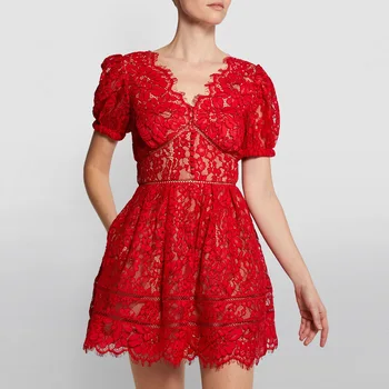 Czerwone Świąteczny strój dla kobiet 2020 Sexy See Through Women ' s Double V neck Short Sleeve Tunic Flare Lace party Dress