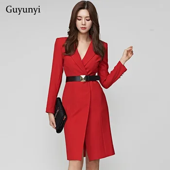 Czerwony Biuro Lady Dress 2020 Jesień Zima Ciepła Wysoka Talia Slim Długi Rękaw Rozkład Pasa Temperament Sukienka Kobiety