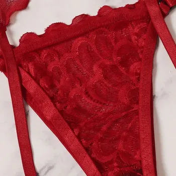 Czerwony Kwiatowy Koronki Подвязочный Zestaw Bielizny Z Naszyjnik Women Intimates 2019 Biustonosz Z Fiszbiną I Stringi Ladies Underwear Set