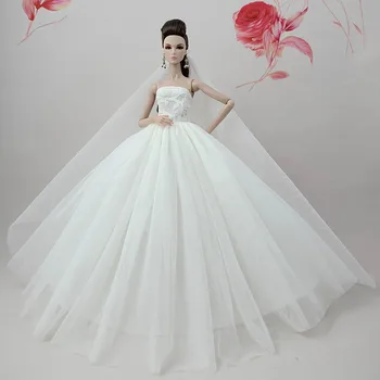Czysto białe ruchoma sukienka dla lalki Barbie długi ogon strój sukienka odzież suknia ślubna +welon 1:6 lalek akcesoria lalki BJD