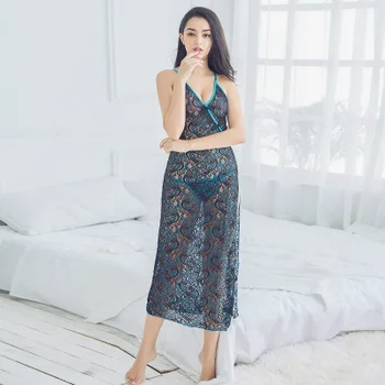 Daeyard Women ' s See-Through Nightgown Sexy Lace Hollow-Out Long Nightdress Backless Sleepwear High Slit Peacock Floral Cheongsam