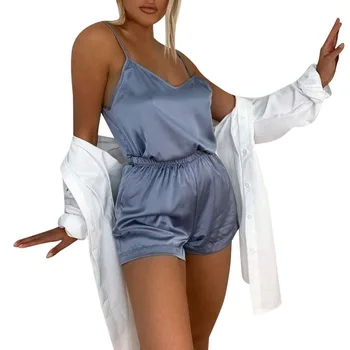 Damska piżama kolor zestaw piżamy z dwóch części zestaw bez rękawów, dekolt V-neck kamizelka elastyczny pas szorty Damskie odzież domowa