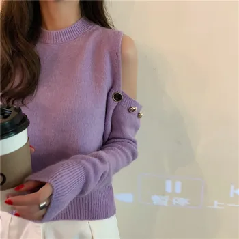 Damski sweter jednolity sweter z okrągłym dekoltem dziewczyny guziki z ramienia miękki codzienny elegancki sweter skrócony top dla kobiet prawdziwe zdjęcia