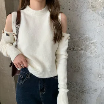 Damski sweter jednolity sweter z okrągłym dekoltem dziewczyny guziki z ramienia miękki codzienny elegancki sweter skrócony top dla kobiet prawdziwe zdjęcia