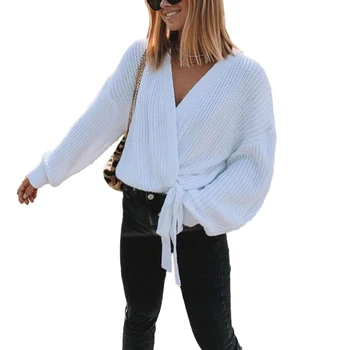 Damski sweter V-neck sweter zasznurować cebula sweter jednolity kolor kobiecy płaszcz biały fioletowy