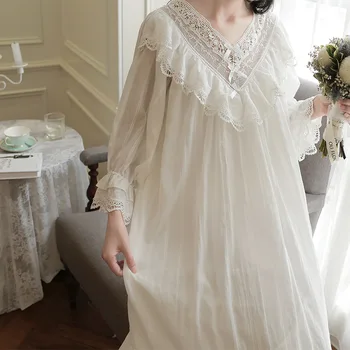 Damski wiosenny wypoczynek bawełniane koszule białe z długim rękawem nocna sukienka sąd koronki długie Księżniczka styl słodka koszula nocna