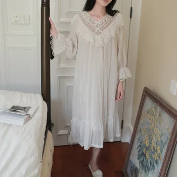Damski wiosenny wypoczynek bawełniane koszule białe z długim rękawem nocna sukienka sąd koronki długie Księżniczka styl słodka koszula nocna