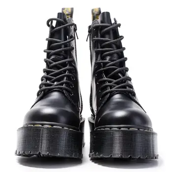 Damskie buty zimowe ze skóry naturalnej buty na platformie czarne Martens botki motocyklowe, buty na grubym obcasie buty na platformie żółta linia