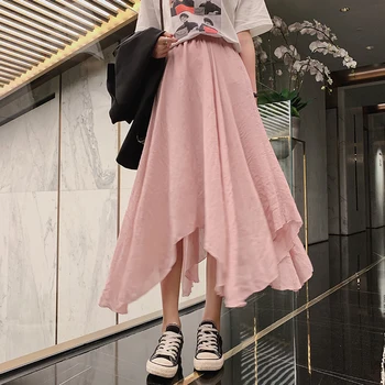 Damskie eleganckie w jednolitym kolorze spódnica midi kobiety koreańskiej Wysokiej Talii plisowana bawełniane, lniane nieregularne spódnice Saias 2020 lato plus size