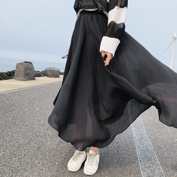 Damskie eleganckie w jednolitym kolorze spódnica midi kobiety koreańskiej Wysokiej Talii plisowana bawełniane, lniane nieregularne spódnice Saias 2020 lato plus size