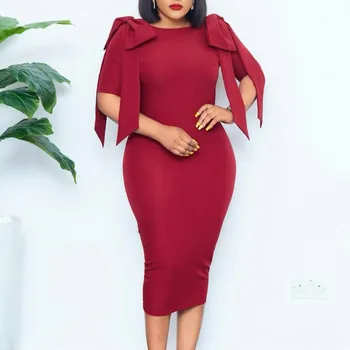 Damskie obcisłe sukienki wąskie krótkie rękawy midi z kokardą elegancka biurowa robocza odzież Damska elastyczna skromna fajna damska Afrykańska XL