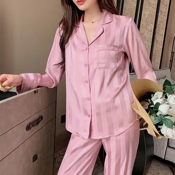 Damskie paski jedwabna piżama z długim rękawem na guziki z atlasu PJ Set Piżam Sleepwear Soft Comfy Home Clothes