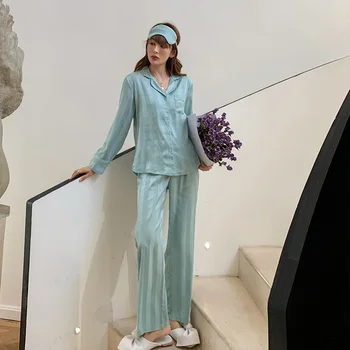 Damskie paski jedwabna piżama z długim rękawem na guziki z atlasu PJ Set Piżam Sleepwear Soft Comfy Home Clothes