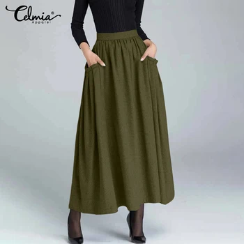 Damskie spódnice maxi 2021 moda Wysoka Talia zamek plisowana długa spódnica Celmia Jesień Zima casual spódnice z dzianiny dla osób plus size