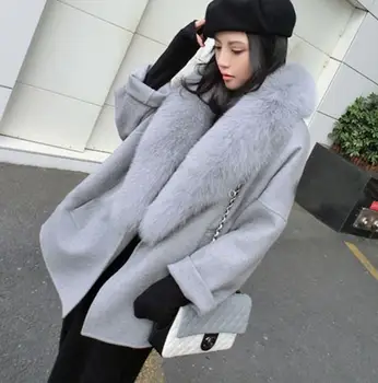 Damskie zimowe wełniane płaszcze z futrzanym kołnierzem rozmiar plus szare ciepłe wolnego płaszcz modne grube długie kurtki casaco feminino